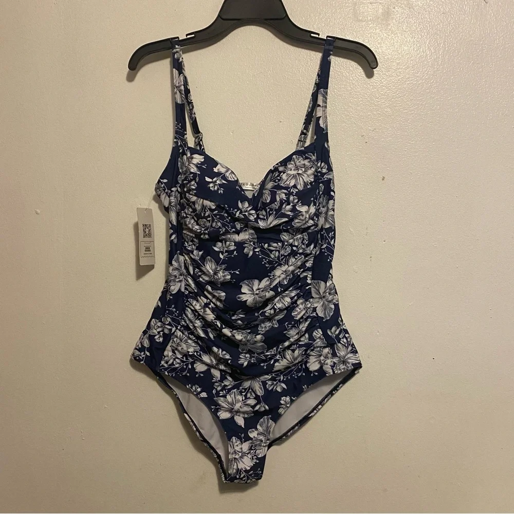 Ekouaer‎ Elegant Navy Floral One Piece Swimsuit Women’s Size XL Beach New